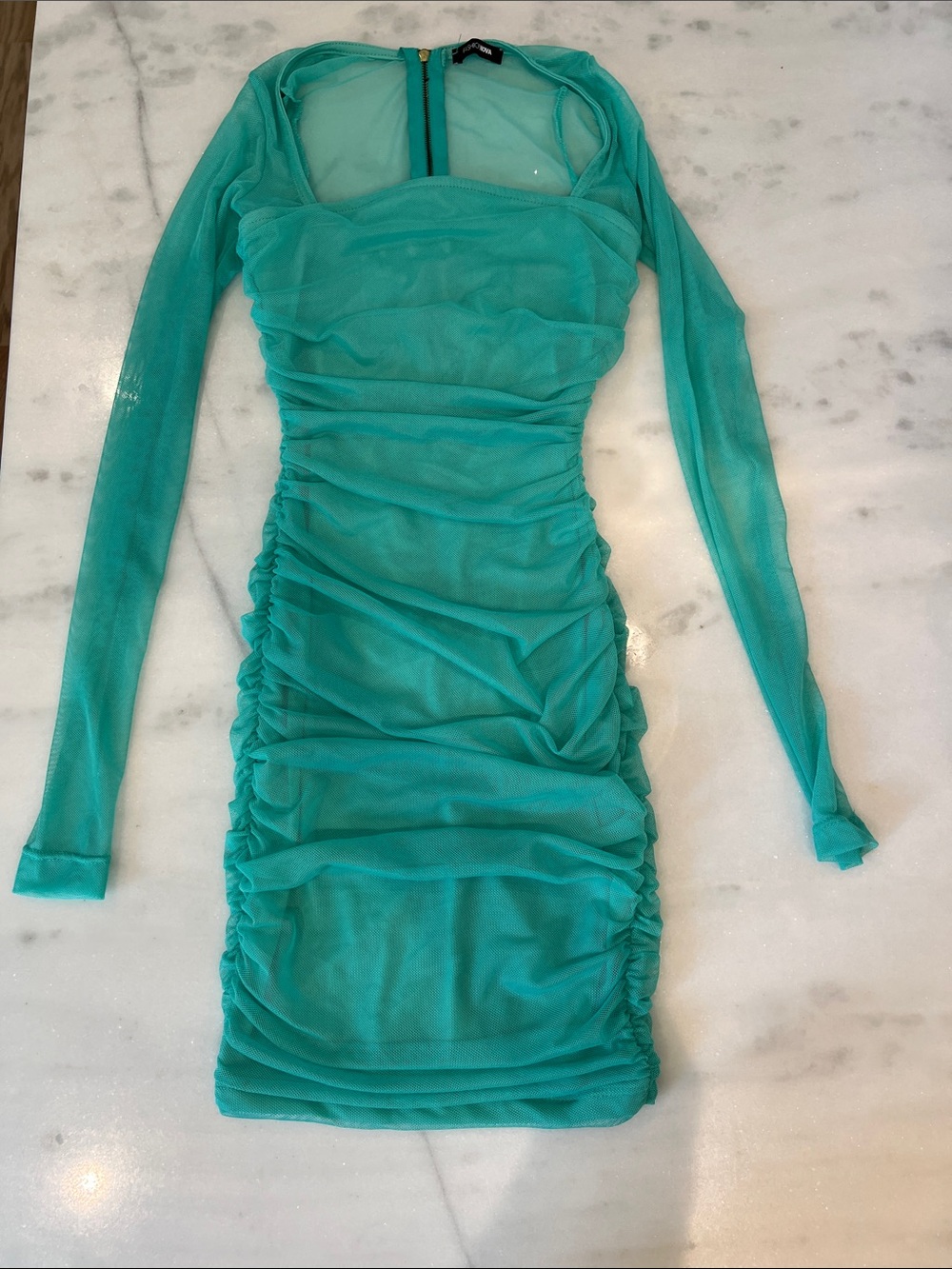 Fashion Nova Teal Ruched Long-Sleeve Mesh Bodycon Dress